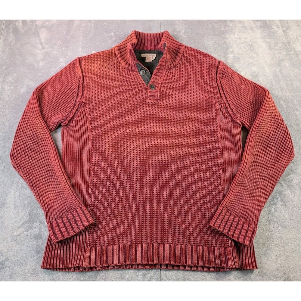 Carbon 2 Cobalt Sweater Henley 1/4 Button Chunky Heavy Knit Pullover Red Men's M